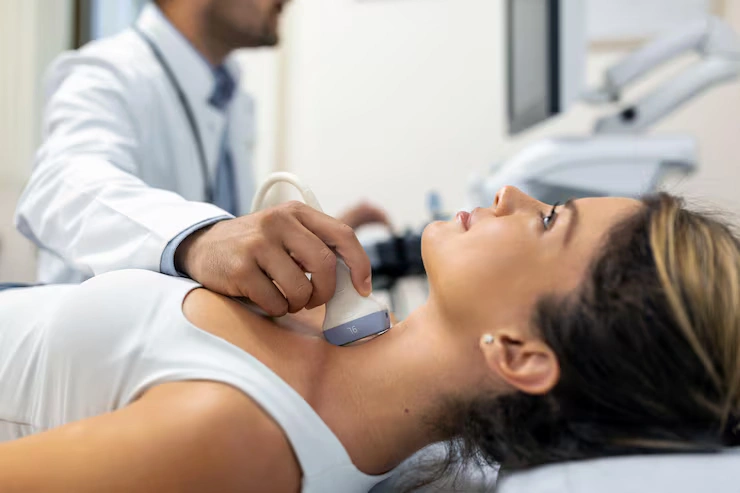 close up shot young woman getting her neck examined by doctor using ultrasound scanner modern clinic 657921 843